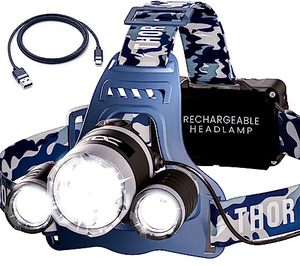 lot 21354 image: TDC Camo Rechargeable Headlamp - Zoomable LED Headlamp - Headlamp Flashlight USB - Waterproof Headlamps for Head, Forehead