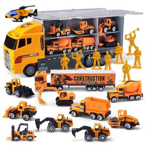 lot 21358 image: JOYIN 19 in 1 Die-cast Construction Toy Truck with Little Figures, Mini Construction Vehicles in Big Carrier Truck, Patrol Rescue Helicopter for Boys 3-9 Years Old, Kids Value Birthday Easter Gifts