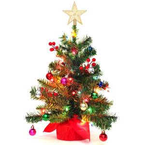 lot 21372 image: Mini Small Little Tabletop Prelit Christmas Tree 22 Inch Decorated with Ornaments 35 Multi-Colored Lights Artificial Green Tree CASA CLAUSI