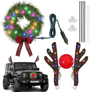 lot 21379 image: ovsor Christmas Wreath & Reindeer Car Kit - 12-Volt Plug-in Wreath Lighting for Car Decorations, Sturdy Rudolph Reindeer with LED, Jingle Bells, Car Reindeer Kits for Any Vehicle Decorations