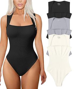 lot 21392 image: TOB Womens 3 Piece Bodysuits Sexy Ribbed Strappy Square Neck Sleeveless Shapewear Bodysuits Black Grey Beige LARGE
