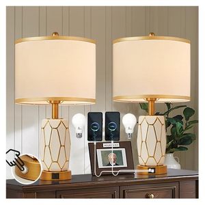 lot 21406 image: workluurop Set of 2 Touch Control Ceramic Table Lamps for Bedroom Livingroom,Modern BlackWhite, with USB Ports,Bedside Nightstand Lamp with Fabric Drum Lampshade,Blubs Included (White)