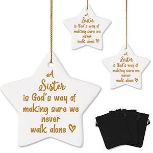 lot 21410 image: 3 Pcs Christmas Sister Ornament Star Shaped Ornament Ceramic Hanging Sign with Black Lint Pouches a Sister Is Gods Way of Making Sure We Never Walk Alone Sign for Sister Besties Christmas Tree