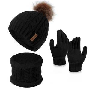 lot 21414 image: Kids Winter Beanie Hat Scarf Gloves Set Pompom Toddler Warm Knit Cap Mittens Fleece Lined Neck Warmer for Boys Girls,A-Black
