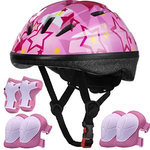 lot 21421 image: Kids Bike Helmet with Knee Pads, Elbow Pads, Wrist Guards - Adjustable, Ages 3-8 - For Cycling, Skating, Skateboard (Pink Star)