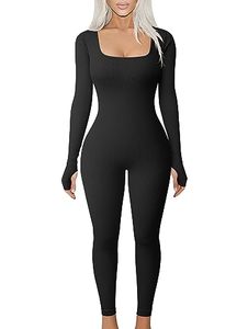lot 21427 image: TOB Women Yoga Jumpsuits Workout Ribbed Long Sleeve Square Neck Sport Jumpsuits Black SMALL