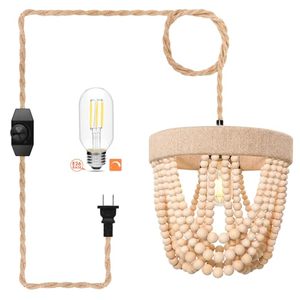 lot 21435 image: Plug in Pendant Light, Boho Hanging Lights with Plug in Cord, Wood Beaded Hanging Lamp with Dimmable Switch, Small Plug in Hanging Light Fixtures for Bedroom Kitchen Dining Room (Bulb Included)