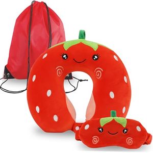 lot 21438 image: Kids Neck Pillow for Travel with Storage Bag and Sleep Eye Mask, Cute Travel Neck Pillow, Memory Foam Flight Sleeping Headrest Pillow for Boys & Girls, Airplane, Train, Car, Home Use - Red Strawberry