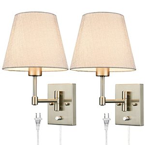lot 21439 image: SAMTEEN Swing Arm Wall Sconces Set of Two Plug in Wall Lamp with Grey Fabric Shade and On Off Switch Wall Light for Bedside Living Room Hallway, Brushed Nickel Finish