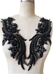 lot 21457 image: Handmade Rhinestones lace Applique handsewing Beads Trim Patches for Dress Clothing Accessories 35X12cm one PairBag (Black)