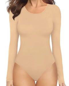 lot 21471 image: MANGOPOP Womens Round Collar Clothing Short Sleeve Long Sleeve Tops T Shirt Bodysuit(Longsleeve Nude,Large)