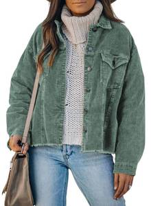 lot 21476 image: Dokotoo Womens Winter Solid Color Corduroy Jackets for Women Fashion Fall Open Front Button Down Long Sleeve Raw Hem Short Shacket Coats Outerwear with Bust Pockets Light Green Small