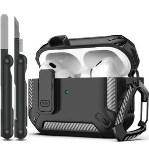 lot 21511 image: RFUNGUANGO AirPods Pro 2nd Generation Case Cover with Cleaner Kit, Military Hard Shell Protective Armor with Lock for AirPod Gen 2 Charging Case 2023,2022, Front LED Visible,Black