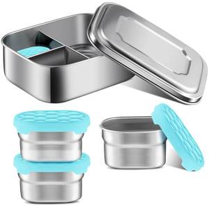 lot 21514 image: Nitial 4 Pcs Stainless Steel bento box Food Containers with Lids Set 3 Sections Portion Control Metal Lunch Box 3 Pcs Reusable Snack Containers with Leak Proof Silicone Lids for Bento Storage (Blue)