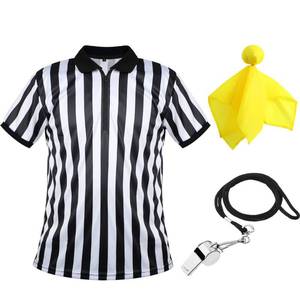 lot 21517 image: Mens Referee Shirt, Black and White Stripe Umpire Jersey, Yellow Penalty Flag and Stainless Steel Whistle with Lanyard(Medium)