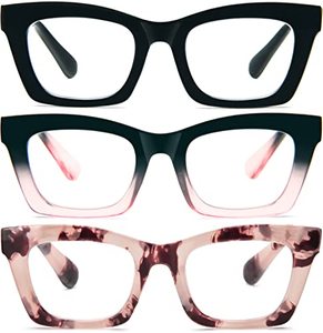 lot 21771 image: REAVEE 3 Pack Oprah Style Reading Glasses Blue Light Blocking Computer Square Retro Readers for Women with Spring Hinge 1.5