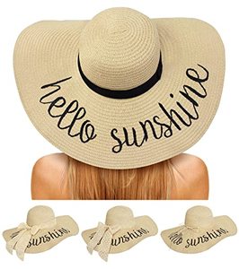lot 21785 image: Beach Hats for Women - Foldable Straw Hat Embroidered Wide Brim Floppy Sun Hat UPF 50, Honeymoon, Travel, Cruise,B-Beige