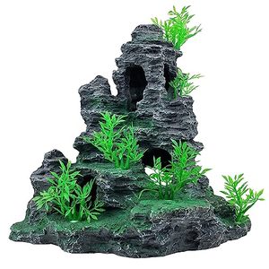 lot 21800 image: Aquarium Decoration Large and Tall for Fish Tank Rock Thematic Ornaments Aquarium Mountain View Stone Ornaments Aquarium Decor Tree House Cave Fish Tank Decorations - Large
