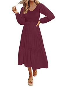 lot 21807 image: MEROKEETY Womens Long Ballon Sleeve V Neck Dress Smocked Casual Solid Ruffle Flowy Swing Dresses,Wine,L