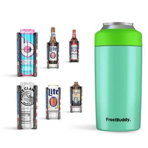 lot 21808 image: Frost Buddy Universal Can Cooler - Fits all - Stainless Steel Can Cooler for 12 oz & 16 oz Regular or Slim Cans & Bottles - Stainless Steel (Glow)