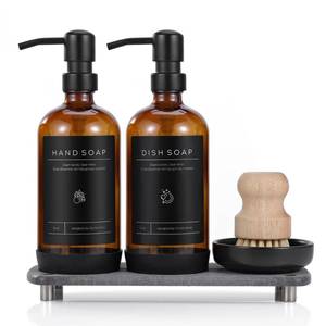 lot 21811 image: Luxury Kitchen Soap Dispenser Set - 16OZ Amber Glass Bottle, Stainless Steel Pump, Instant Dry Tray, Waterproof Labels, Non-Slip Silicone Pad, and Dish Brush  Upgrade for Your Kitchen and Bathroom