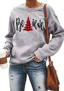 lot 21812 image: LHBNK Believe Christmas Shirt Womens Believe Plaid Print Tree T-Shirt Xmas Long Sleeve Sweatshirt Holiday Shirts Tops small