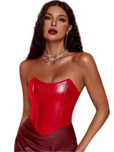 lot 21823 image: SOLY HUX Womens PU Leather Overbust Corset Bandana Tube Tops Lace up Strapless Boned Body Shaper Bustier Plain Red L