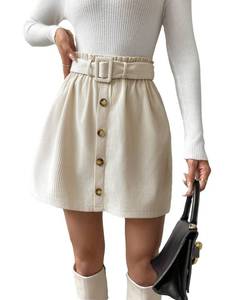 lot 21830 image: SweatyRocks Womens Corduroy Paperbag High Waist Belted Skirt Casual Button Front A Line Mini Skirt Apricot XL size unverified 