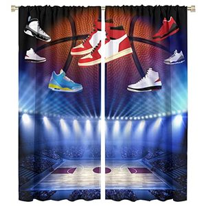 lot 21831 image: Boys Sports Curtains, Retro Basketball Shoes Ball Sneaker Shoes Basketball Arena Stadium Rod Pocket Window Treatment Drapes for Bedroom Living Room (Decor) 42x45in