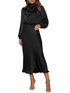lot 21838 image: Womens Long Sleeve Satin Ruched Bodycon Dress Mock Neck Cocktail Wedding Guest Midi Dresses Black L