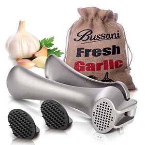lot 21849 image: Bussani Garlic Crusher Press - Best Grips - No Need a Tube Peeler- Large Capacity - Heavy Duty Easy to Use & Clean - Great Gift for Kitchen Tool Lovers - Comes with 2 Cleaner Tool & Storage Bag