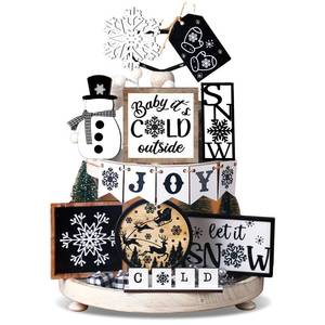 lot 21850 image: 14 Pcs Winter Tiered Tray Decor Set Snowman Snowflake Table Decor Christmas Tree Wooden sign Farmhouse Coffee Spice Blocks Winter Table decoration for Christmas Home Table Shelf