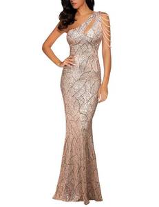 lot 21853 image: One Shoulder Tassel Sleeve Flapper Dresses 1920s Gastby Gold Sequins Maxi Dres (S,Gold)