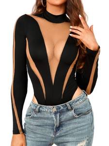 lot 21857 image: EHSUYAB Sexy Bodysuit For Women, Outfit Top, Long Sleeve One Piece Sheer Mesh Body Suit Petite Club Party Black Small