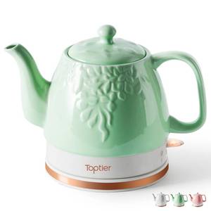 lot 21865 image: Toptier Electric Ceramic Tea Kettle, Boil Water Quickly and Easily, Detachable Swivel Base & Boil Dry Protection, Carefree Auto Shut Off, 1 L, Green Leaf