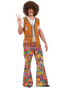 lot 21867 image: fun shack Men Bell Bottom Pants 70s Costume, Adult Hippie Costume for Men, Halloween Hippie Costumes for Men - Large