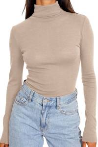 lot 21868 image: Trendy Queen Womens Fall Outfits 2023 Mock Turtleneck Long Sleeve Shirts Slim Fit Pullover Stretch Tight Basic Layering Soft Thermal Underwear Scrub Undershirts Fashion Beige medium