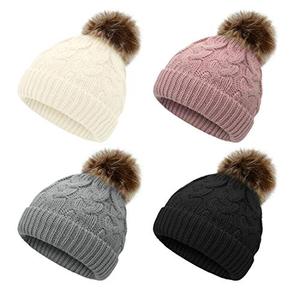 lot 21871 image: Durio Toddler Winter Hat Knit Kids Winter Hat for Girls Boys Warm Girls Winter Hat Super Soft Toddler Girl Winter Hat Pom Pom Beanie Ivory White & Gray & Pink & Black 3-8 Years