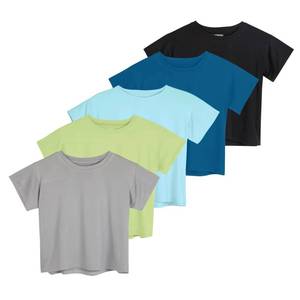 lot 21875 image: Real Essentials 5 Pack Womens Crop Top High Waist Quick Dry Fit Active Wear Yoga Workout Athletic Running Gym Exercise Ladies Short Sleeve Crew Neck Moisture Wicking Tees T-Shirt Summer - Set 12, M