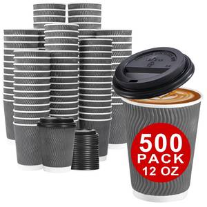 lot 21878 image: Lamosi 100 Pack - 12 oz Insulated Disposable Coffee Cups with Lids, To Go Paper Coffee Cups with Lids, Corrugated Ripple Wall Cup for Hot Drink Office Coffee Barquantity unverified 