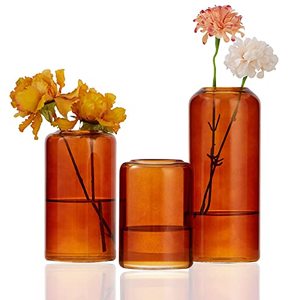 lot 21891 image: FORYILLUMI Set of 3 Amber Bud Vases in Bulk,Modern Small Medium Amber Bud Vases for Home Decor Flowers, Hand Blown Borosilicate Glass Vase Set Centerpieces for Wedding Reception