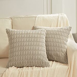 lot 21893 image: Fancy Homi 2 Packs Taupe Euro Decorative Throw Pillow Covers 26x26 Inch for Living Room Couch Bed Sofa, Rustic Farmhouse Boho Home Decor, Soft Striped Corduroy Square Cushion Case 66x66 cm