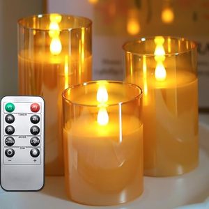 lot 21901 image: Lezonic Flameless Battery Operated Candles with Remote and Timer, Set of 3 (D3� x H4�5�6�) LED Gold Amber Orange Flickering Fall Pillar Candles with Realistic 3D Flame