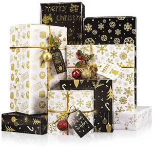 lot 21902 image: Rancco Christmas Wrapping Paper w 4 Pcs Gift Tag Stickers, 6 Metallic Glossy Gift Wrapping Paper wSnowflake, Candy Cane, Christmas Trees, Happy New Year Pattern for Xmas Gift Wrap, 27.6x19.7sheet