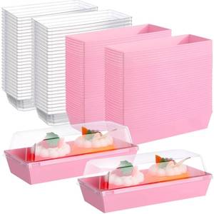 lot 21912 image: Paper Charcuterie Boxes with Clear Secure Lids 7.5 inch Long Disposable Dessert Containers Pink Kraft Bakery Boxes for Valentines Day Chocolate Covered Strawberries Cupcakes Sandwich(100 Pcs)