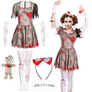 lot 21913 image: Libima Voodoo Costume Women Creepy Doll Cosplay Dress Set Silk Stockings Gloves Scar Tattoos Sticker Bow Headpiece(3XL4XL)