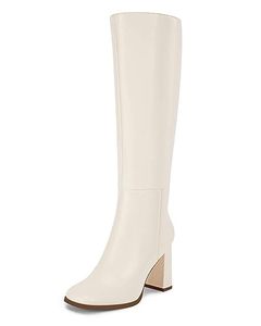 lot 21917 image: Coutgo Womens Wide Calf Knee High Boots Chunky High Heel Square Toe Fashion Leather Shoes with Side Zipper,White,Size 8
