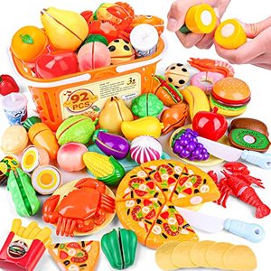 lot 21918 image: 92PCS Cutting Play Food Toy for Kids Kitchen,Play Kitchen Food with Vegetables & Fruit Shopping Basket,Kids Kitchen Accessories set,Kitchen Toys,Food Toys Best Birthday Gift,Play Food for Toddlers 1-3quantity unverified 