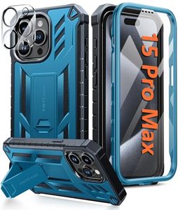 lot 21924 image: FNTCASE for iPhone 15-Pro-Max Case Military Grade Drop Proof Rugged Protective Cell Phone Cover with Kickstand & Built-in Protector  Matte Textured Shockproof TPU Hybrid Bumper Cases (Blue)
