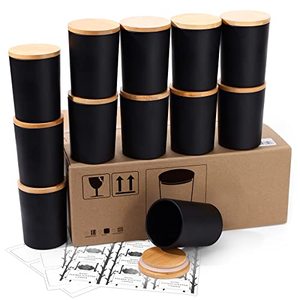 lot 21925 image: Aminigram 12 Pack, 10 oz Black Candle Jars with Bamboo Lids and Sticky Labels, Empty Glass Candle Jars for Making Candles, Morden Kitchen Bathroom Small Object Container - Dishwash Safequantity unverified 